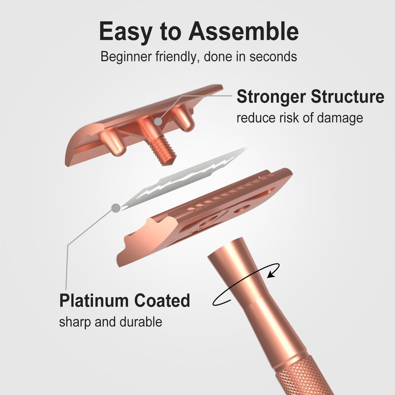 THURLADY Safety Razor for Women, Reusable Metal Razor, with 10 Double Edge Blades, Smooth Close Gentle Shave, Plastic Free, Rose Gold - Image 4